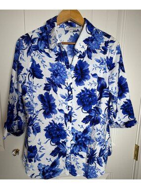 Sara Michelle Blue Floral Button-Down Blouse 3/4 Roll Tab Sleeve XL